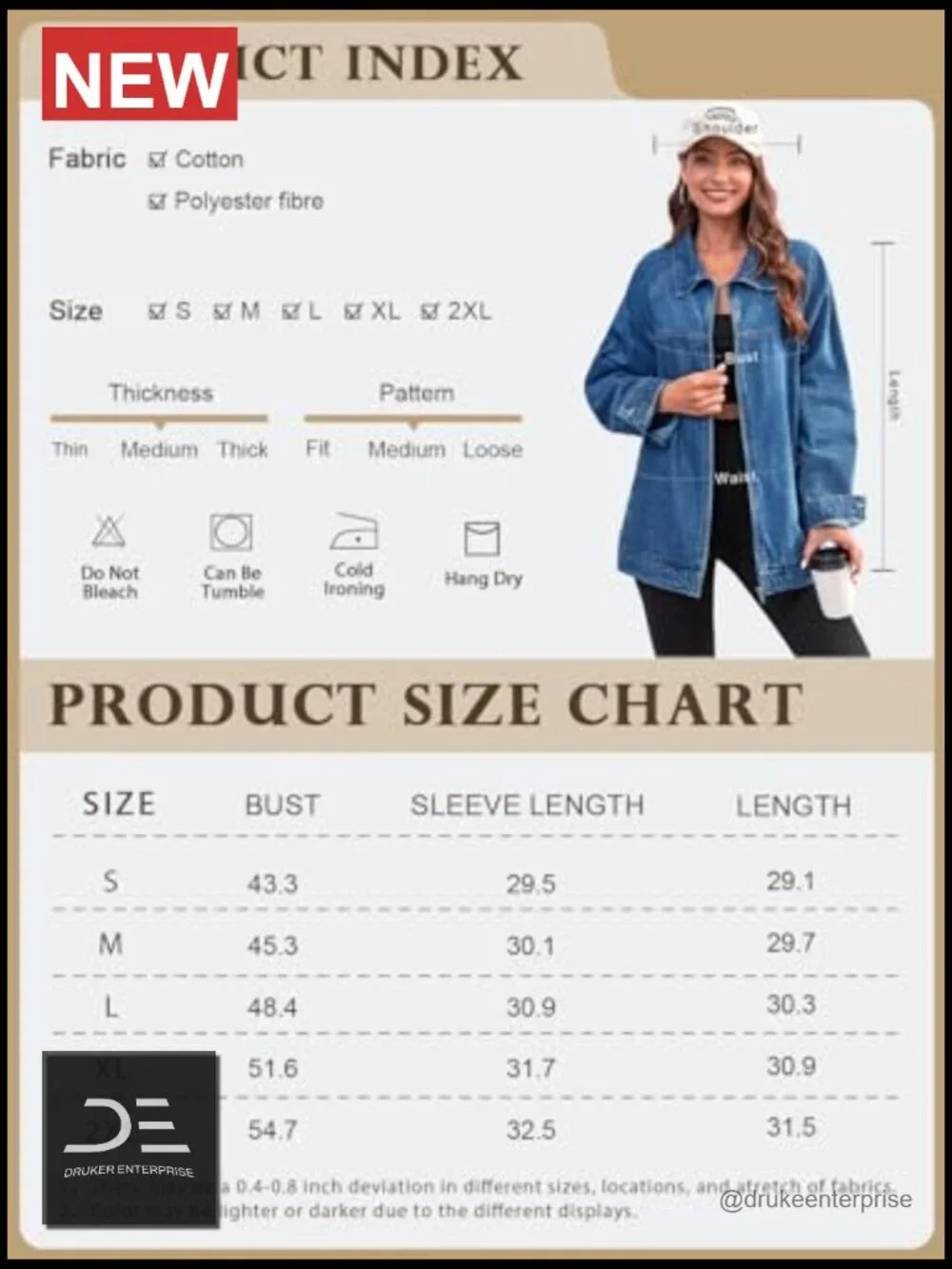 Oversized Denim Jacket with Zip Up Long Sleeve Slant Pockets